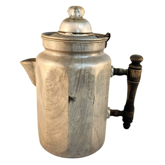 Vintage Aluminum Coffee Percolator With Glass Knob Top & Wooden Handle - Picture 1 of 11